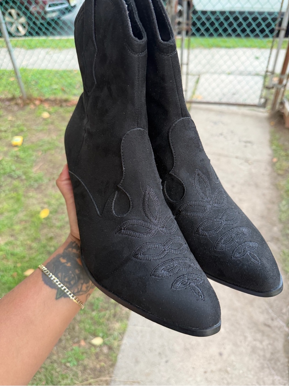 Black Suede Embroidered Pointed-Toe Women's Ankle Boots